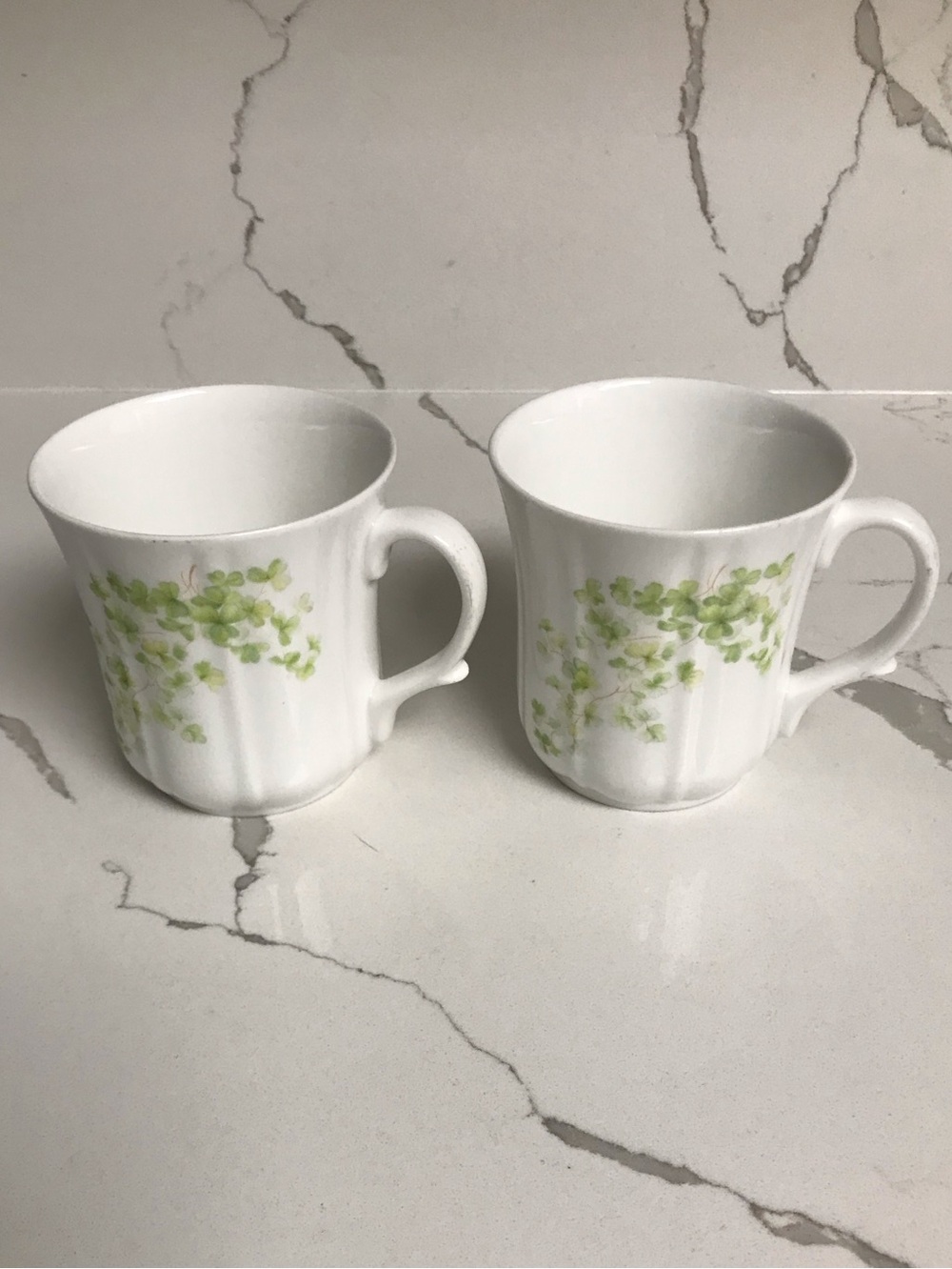 Duchess Fine Bone China White Mugs with Green Leaf Pattern - Set of 2